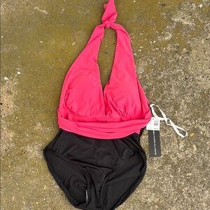 NWT! Vanishing Act SLIMMING Pink and Black Halter Swimsuit